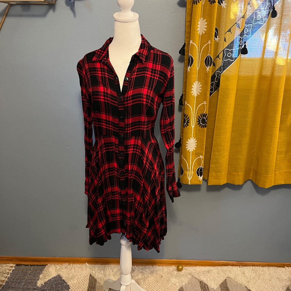 Long sleeve red plaid high low shirt dress